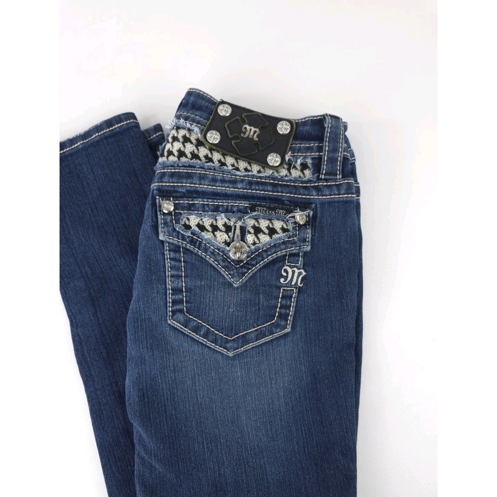 Miss Me Womens Embellished Jeans Size 27 Houndstooth Studded Crystals Skinny Mid